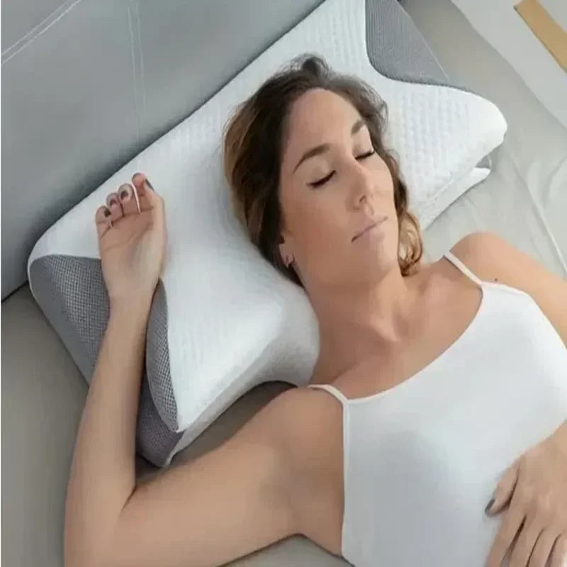 Memory foam pillow for neck pain relief and abdominal support