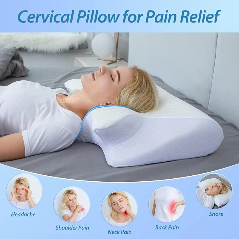 Memory foam pillow for neck pain relief and abdominal support