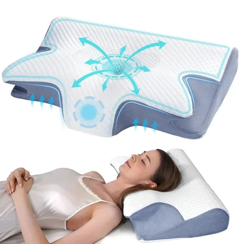 Memory foam pillow for neck pain relief and abdominal support